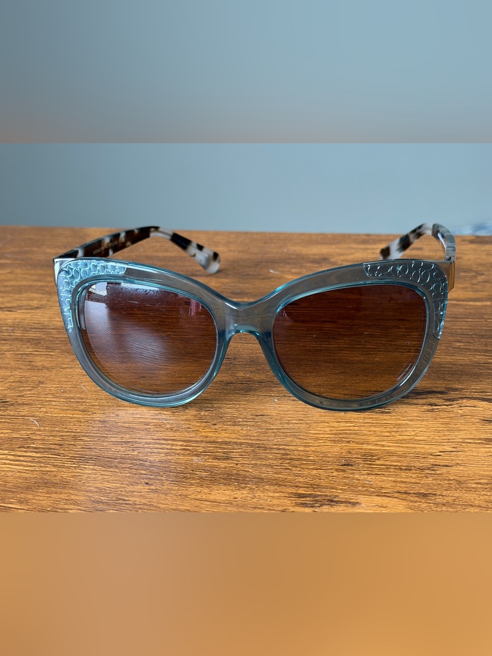 COACH Teal Cat-Eye Sunglasses with Tortoise Arms - Picture 7 of 9